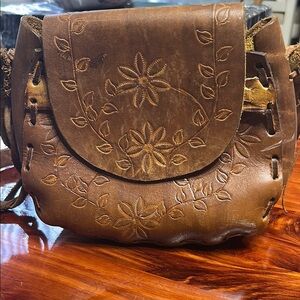 Brown Leather Floral Embossed Bag